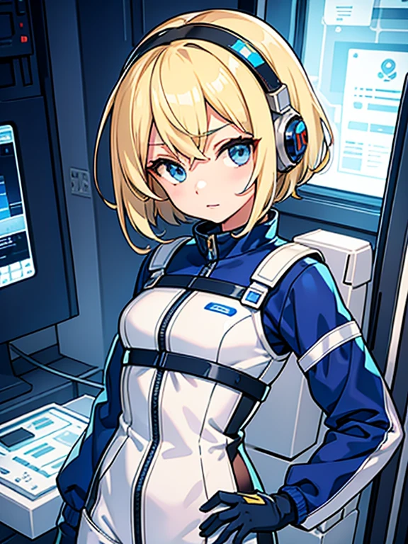 1 girl, masterpiece, short hair, blonde, blue eyes, Severe, mechanical suit,headphone、 white suit, portrait, Inside the space station、cyber punk,