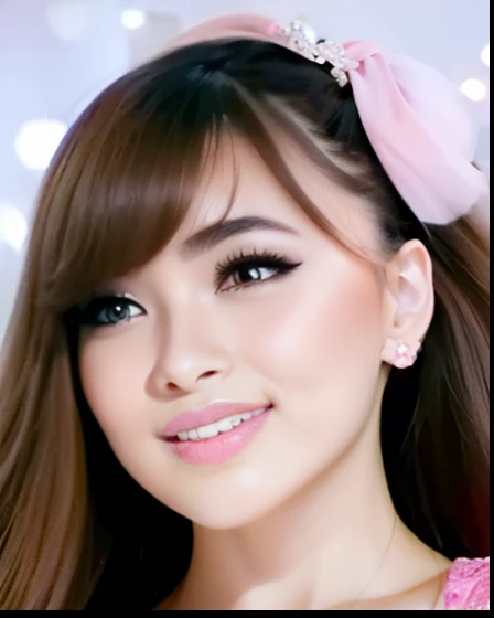 Young Woman, beautiful face, graceful, perfect face, wearing Pink earrings in the shape of love ,pink lips, little smile expression, Long bangs hair, Mouth closed, looking at viewer