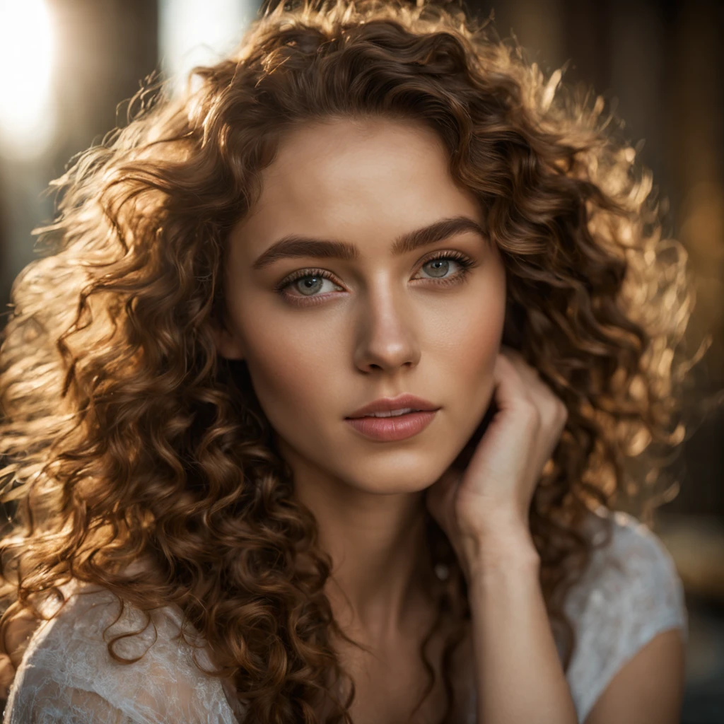 ((full body )) portrait photo of a beautiful 25 years old european woman, endless long (extra long curly brown hair), Award - winning photograph, Masterpiece, 8k, ultra high res, hyper detailed, beautiful woman, perfect face, rule of thirds, Perfect eyes, Perfect iris, perfect pupils, (perfectly round iris:1.3), Perfect lips, Perfect teeth, dimples, perfect nose, highly detailed hair, ((detailed face)), ((detailed facial features)), (finely detailed skin), pale skin, realistic skin texture, extreme skin details, (pores:0.1),(sweaty:0.8), insane details, intricate details, amazing fine detail, photorealistic, photograph, photorealism, rich colors, lifelike texture, neutral colors, Soft front light,cinematic lighting, dramatic lighting,dappled light on face, backlight on hair, sharp focus, wide angle, film grain, dslr, raw photo, photographed on Nikon