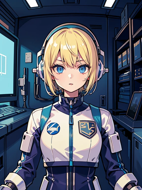 very detailed、最高masterpiece、1 girl, masterpiece, short hair, blonde, blue eyes, Severe, mechanical suit,headphone、 white suit, portrait, Inside the space station、cyber punk,