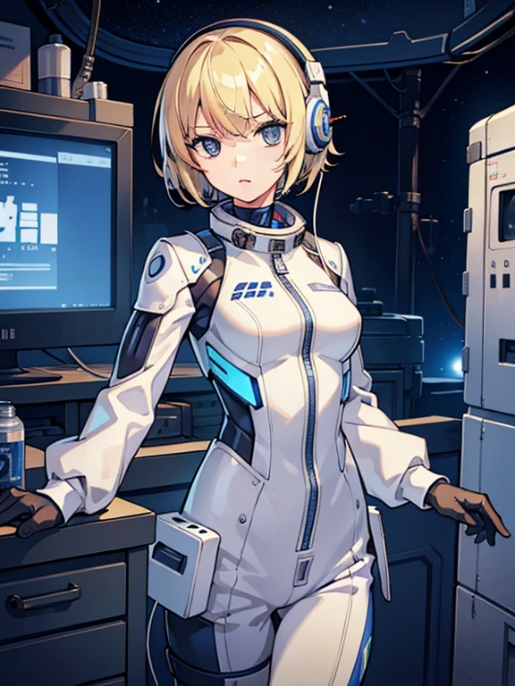 very detailed、最高masterpiece、1 girl, masterpiece, short hair, blonde, blue eyes, Severe, mechanical suit,headphone、 white suit, portrait, Inside the space station、cyber punk,