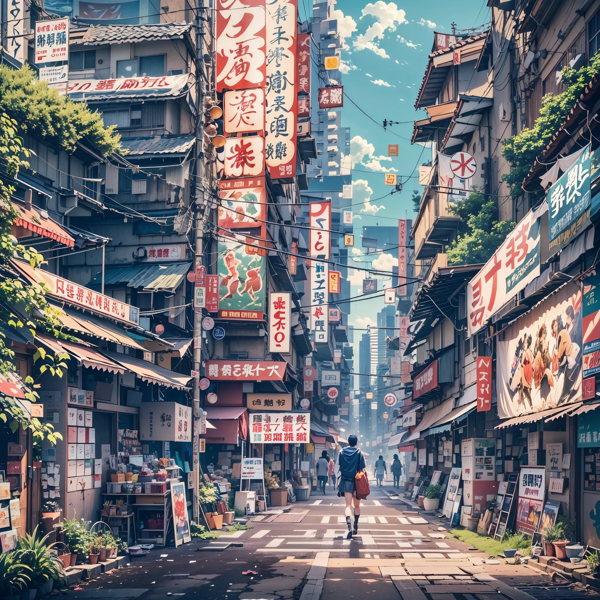 anime, anime style, anime wallpaper, anime background, anime scene, on the outskirts of a japanese cyberpunk setting where there is still grass and nature and hasnt been taken over by urban chaos yet, big retro japanese signs and billboards, japanese shop signs and banners, complex japanese buildings, futuristic japanese architecture, compact scene, tall buildings, day time, bright blue sky, Conceptual art, no one in sight, (no one: 1), best quality, masterpiece, extremely detailed, busy scene,
