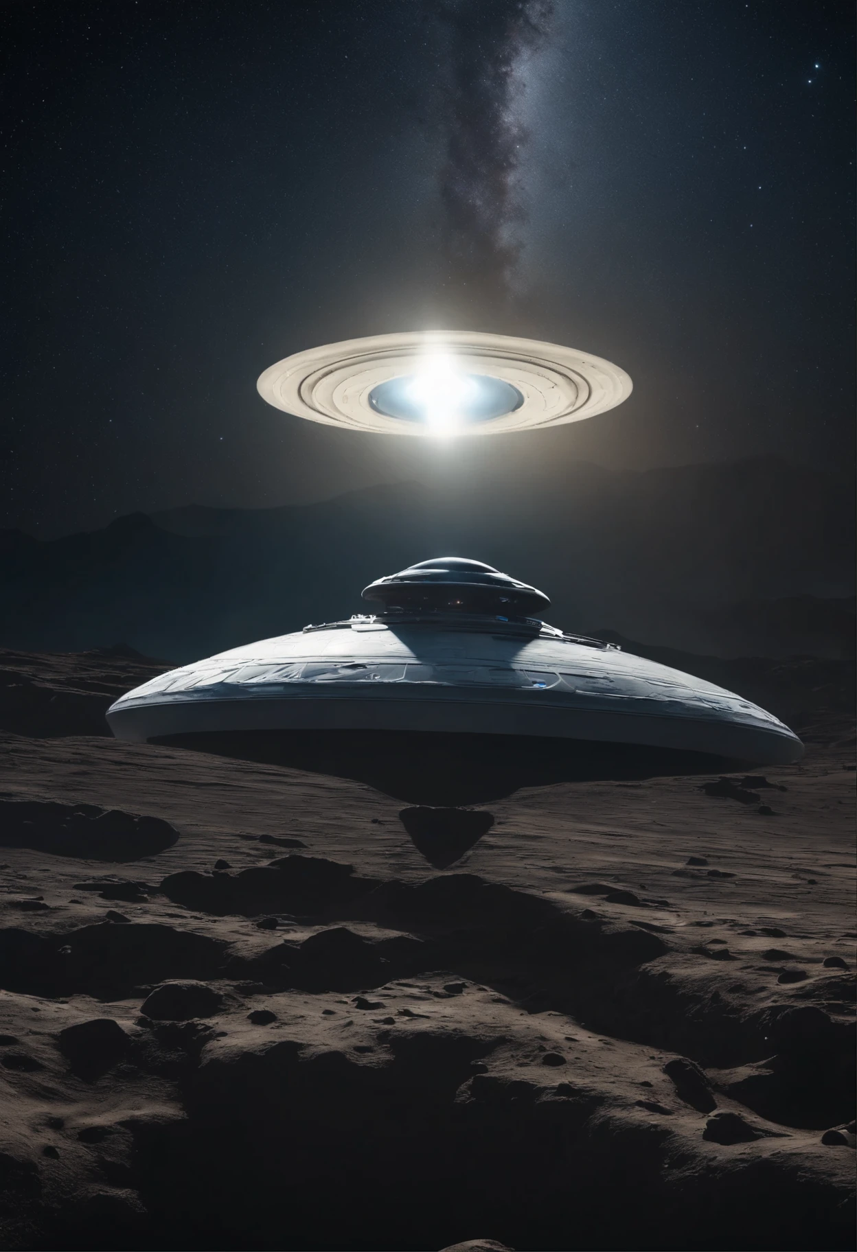 super detailed image of a flying saucer above the (surface with craters) of the Moon, the flying saucer from below emits a beam of soft blue light towards the surface of the Moon, ((planet Earth in the sky, Milky Way in the sky)), night sky, stars, space, (Best Quality, 16K, Masterpiece, Ultra HD:1.3, Huge detail, hyper realistic, epic scale, insane level of details)