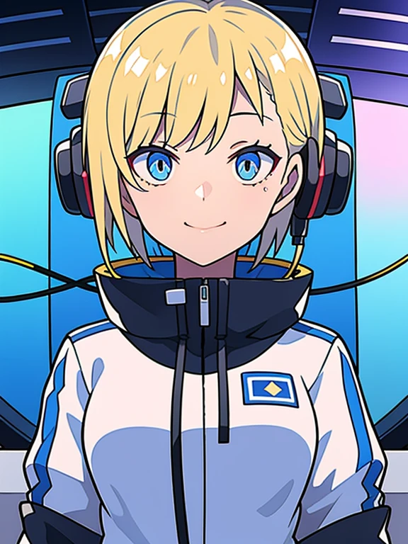 blonde hair, hairbands on sidelocks, eyes with a mix of yellow and blue irises, white and blue jacket with constellation prints, metallic skirt, smug, naughty face, futuristic clothing, science fiction setting, high-tech