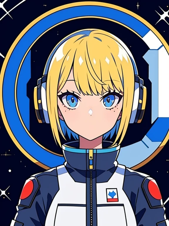 very detailed、最高masterpiece、1 girl, masterpiece, short hair, blonde, blue eyes, Severe, mechanical suit,headphone、 white suit, portrait, Inside the space station、cyber punk,