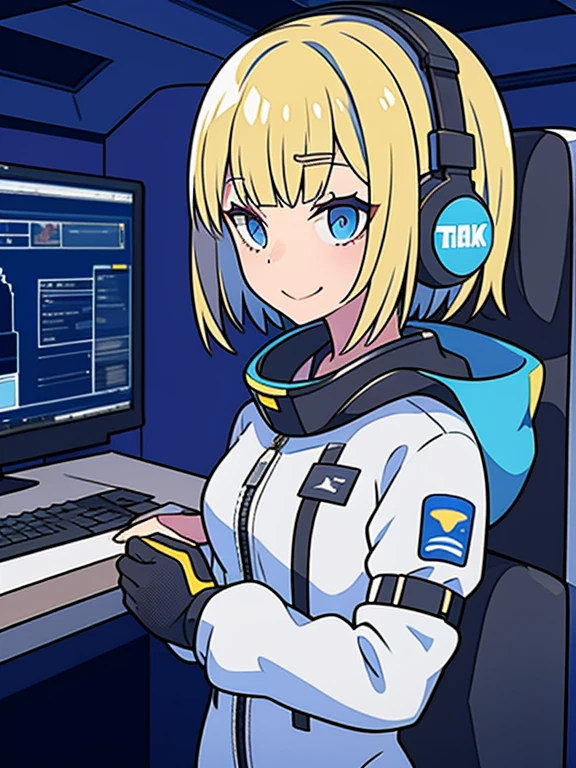 very detailed、最高masterpiece、1 girl, masterpiece, short hair, blonde, blue eyes, Severe, mechanical suit,headphone、 white suit, portrait, Inside the space station、cyber punk,