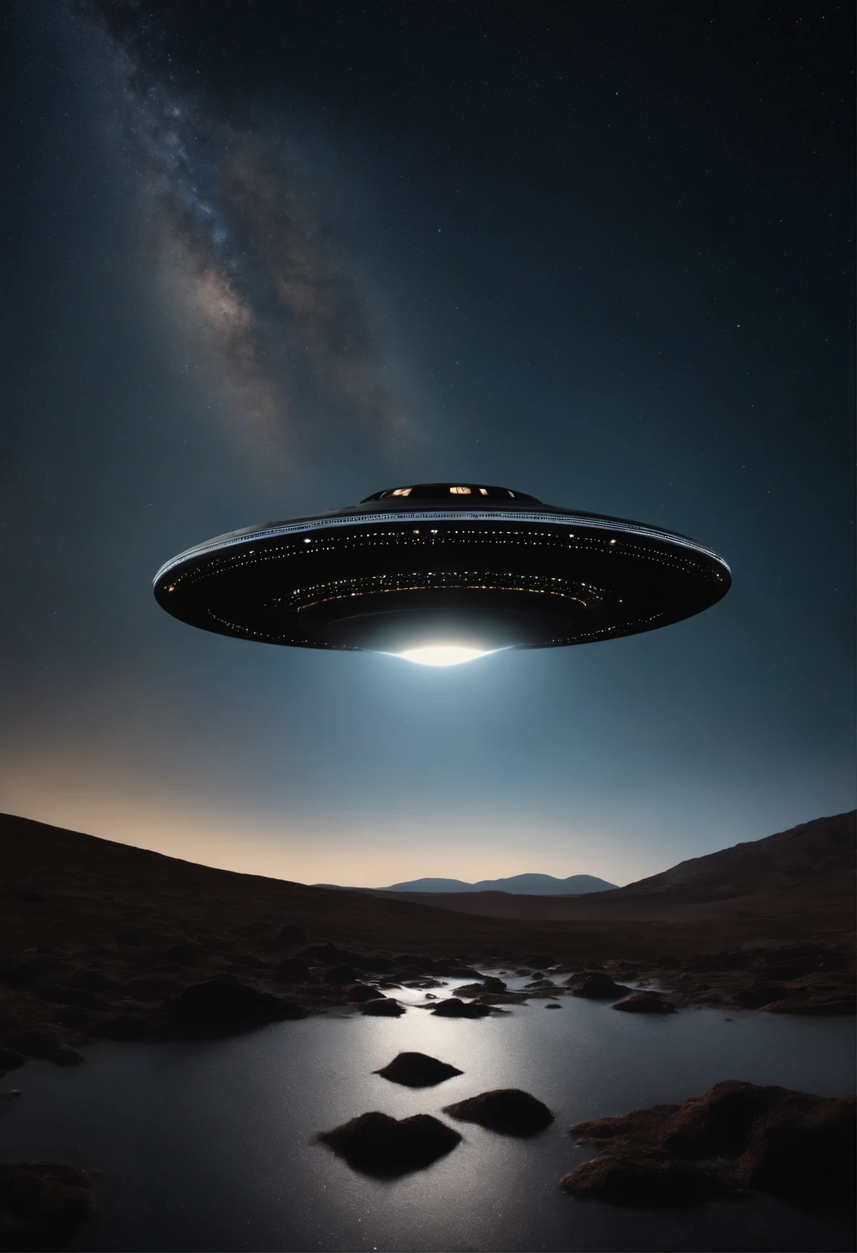 super detailed image of a flying saucer above the (surface with craters) of the Moon, the flying saucer from below emits a beam of soft blue light, ((planet Earth in the sky, Milky Way in the sky)), night sky, stars, space, (Best Quality, 16K, Masterpiece, Ultra HD:1.3, Huge detail, hyper realistic, epic scale, insane level of details)