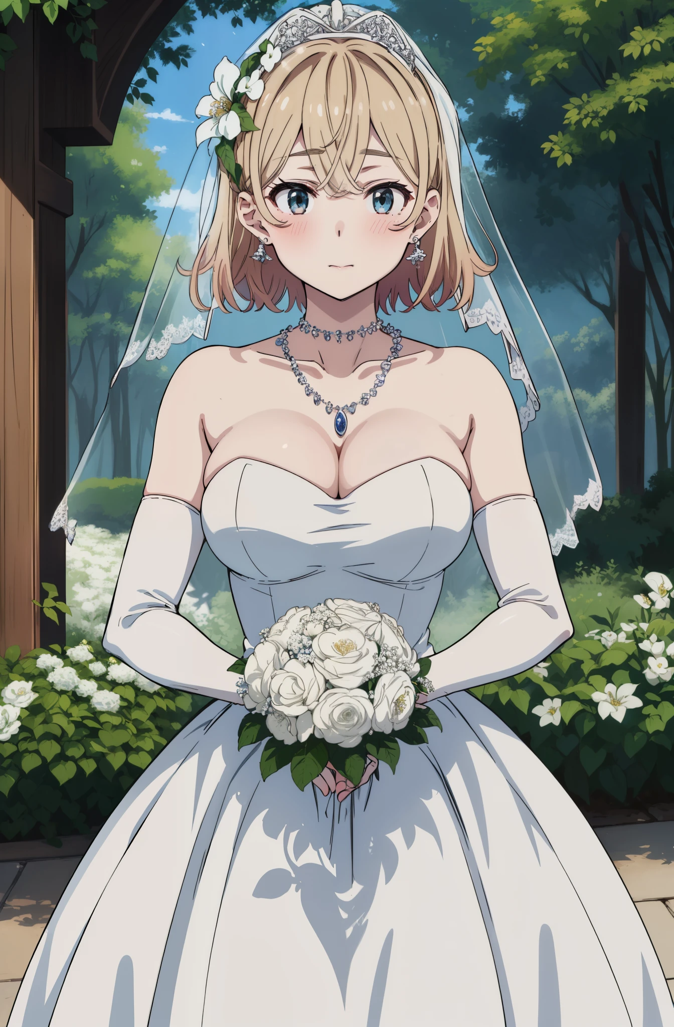 two-dimensional, masterpiece, best quality, Japanese cartoons, Very detailed, 1 girl, alone,  mami, beautiful bride,Gurwitz,(large breasts:1.5),pillory，Head flail，hand flail，flail，(bridal veil:1.5），（Transparent short veil：1.5）,Blushing face，Head flower，headgear，，（tube top wedding dress：1.5），（silk dress：1.2）,（strapless wedding dress：1.5）,pure white dress，necklace，earrings，