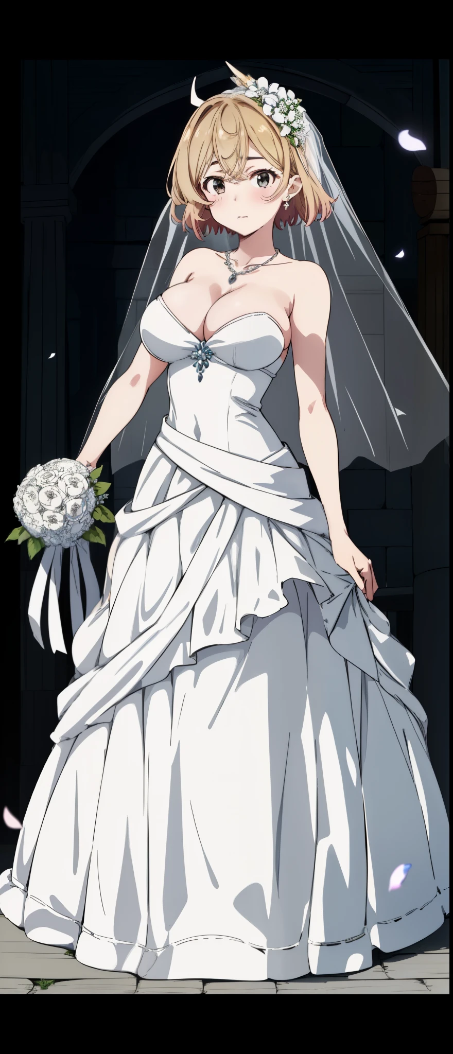 two-dimensional, masterpiece, best quality, Japanese cartoons, Very detailed, 1 girl, alone,  mami, beautiful bride,Gurwitz,(large breasts:1.5),pillory，Head flail，hand flail，flail，(bridal veil:1.5），（Transparent short veil：1.5）,Blushing face，Head flower，headgear，，（tube top wedding dress：1.5），（silk dress：1.2）,（strapless wedding dress：1.5）,pure white dress，necklace，earrings，