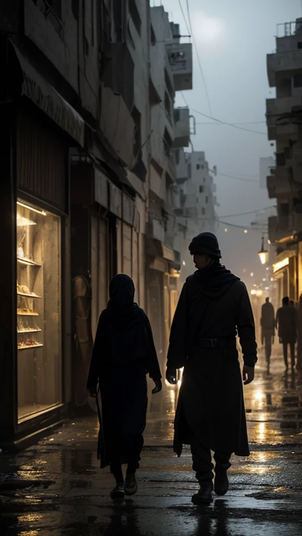 (Quality tags: masterpiece, best quality, official art:1.2), a cinematic scene portraying the silent cry of Gaza amidst the blocked supplies, (dimly lit streets and closed shops:1.3), a dynamic representation of the blockade's impact, (resigned faces illuminated by faint streetlights:1.2), a cityscape filled with the weight of deprivation, (overcast sky echoing the collective despair:1.1), a backdrop of silent suffering, (intense emotions conveyed through the expressions:1.4), a moment frozen in the silence of hardship, (dynamic composition capturing the quiet tragedy:1.2), a visual story of the profound struggles faced by the people of Gaza, (subtle play of light and shadow:1.2), a vivid portrayal of the subdued realities.
