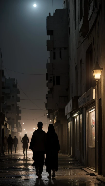 (Quality tags: masterpiece, best quality, official art:1.2), a cinematic scene portraying the silent cry of Gaza amidst the blocked supplies, (dimly lit streets and closed shops:1.3), a dynamic representation of the blockade's impact, (resigned faces illuminated by faint streetlights:1.2), a cityscape filled with the weight of deprivation, (overcast sky echoing the collective despair:1.1), a backdrop of silent suffering, (intense emotions conveyed through the expressions:1.4), a moment frozen in the silence of hardship, (dynamic composition capturing the quiet tragedy:1.2), a visual story of the profound struggles faced by the people of Gaza, (subtle play of light and shadow:1.2), a vivid portrayal of the subdued realities.
