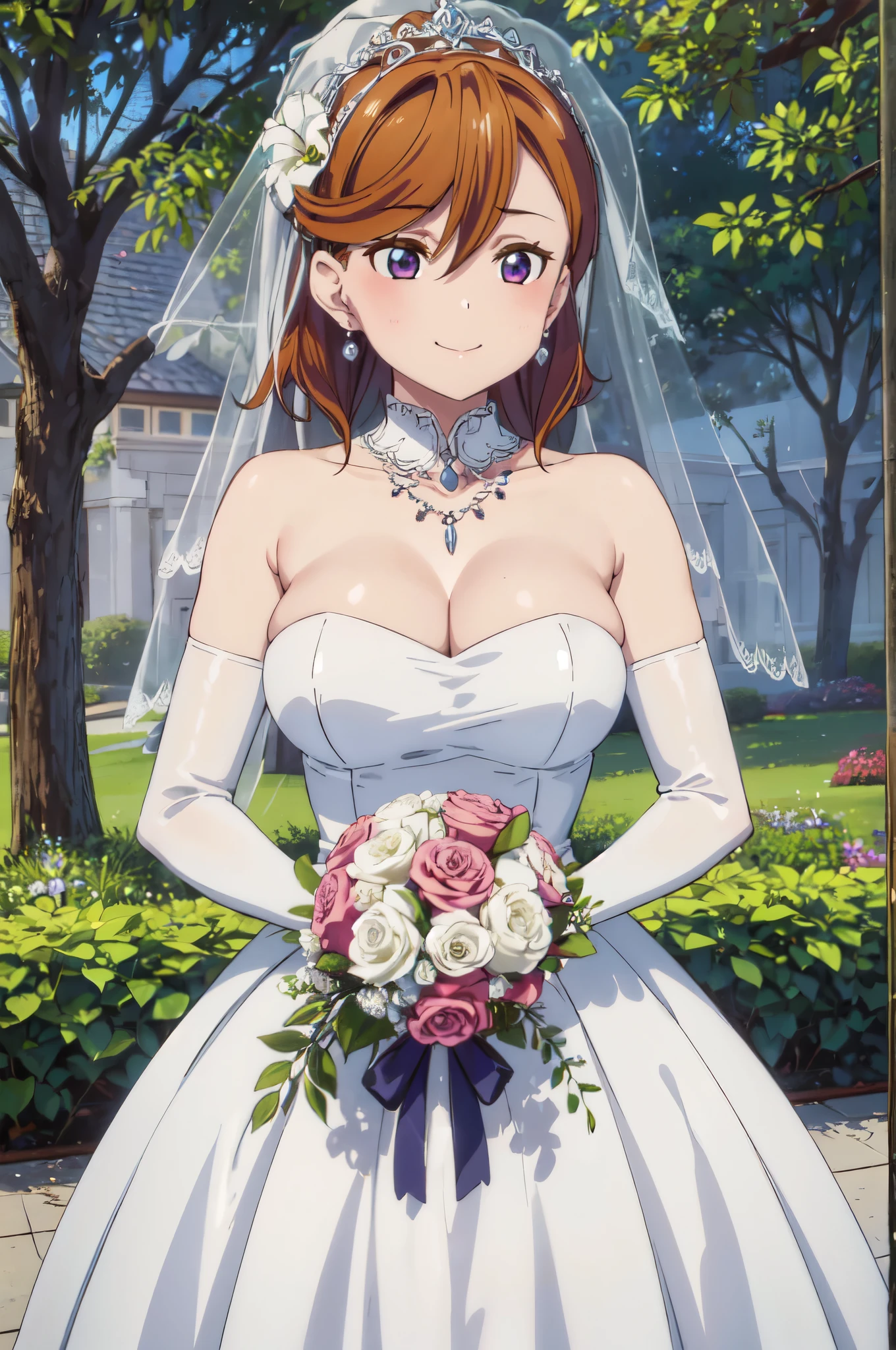 (((Pixel perfect, Perfect details))), alone, 1 girl, Shibuya Kanon, looking at the audience, Smile,,ponytail，Gurwitz，pillory，Head flail，hand flail，flail，(bridal veil:1.5），（short sheer veil：1.5），Blushing face，Head flower，headgear，（tube top wedding dress：1.5），（Silk dress：1.2）,（Strapless wedding dress：1.5）,Bouquet,pure white dress，necklace，earrings，(large breasts:1.3)，Deep V peach heart collar wedding dress，Bangs，lipstick，（lace gloves：1.3）,Bust photo,High detail RAW color art,Tyndall phenomenon