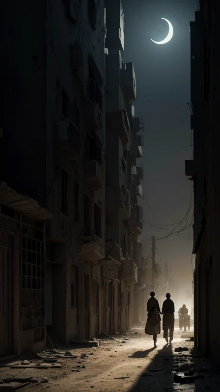 (Quality tags: masterpiece, ultra high res, illustration:1.3), an intricate illustration unveiling the unseen anguish caused by the supply blockade in Gaza, (moonlight revealing the desolation:1.2), detailed portrayal of the emptiness in the cityscape, (overcast sky reflecting the collective despair:1.1), an oppressive atmosphere lingering in the wake of deprivation, (intricate details conveying the realism of the scene:1.4), a palette of contrasting emotions, (subtle play of light and shadow capturing the depth:1.2), an illustrative narrative of the silent struggles faced by the people of Gaza, (dynamic composition portraying the desolate surroundings:1.2), a visual story revealing the unseen hardships endured in the face of the blockade.