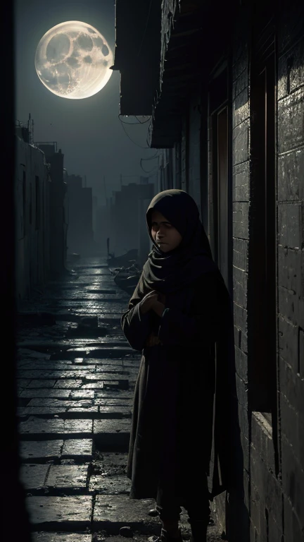 (Quality tags: masterpiece, ultra high res, illustration:1.3), an intricate illustration unveiling the unseen anguish caused by the supply blockade in Gaza, (moonlight revealing the desolation:1.2), detailed portrayal of the emptiness in the cityscape, (overcast sky reflecting the collective despair:1.1), an oppressive atmosphere lingering in the wake of deprivation, (intricate details conveying the realism of the scene:1.4), a palette of contrasting emotions, (subtle play of light and shadow capturing the depth:1.2), an illustrative narrative of the silent struggles faced by the people of Gaza, (dynamic composition portraying the desolate surroundings:1.2), a visual story revealing the unseen hardships endured in the face of the blockade.