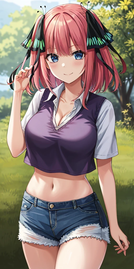 2d, masterpiece, best quality, anime, highly detailed, 1girl, solo, cowboy shot, nakano nino, pink hair, butterfly hair ornament, crop top , cleavage, Denim shorts , medium breasts, standing, school, outdoors, smile