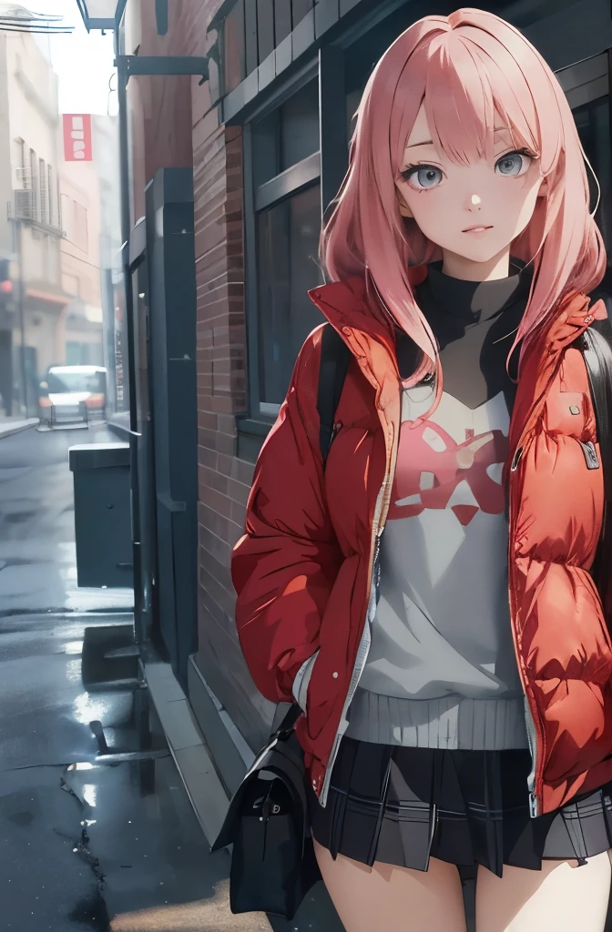 ((Best quality)), HD, 4K, ((masterpiece)), (detailed)), (masterpiece), a woman in a skirt and jacket holding a bag and a bag, guweiz, artwork in the style of guweiz, promo art, style anime, anime moe artstyle, high quality anime artstyle, anime visual of a cute girl, marin kitagawa fanart, modern anime style, made with anime painter studio, anime artstyle, an anime girl, with a intence red color in her hair, no ia style, hands inside her pockets