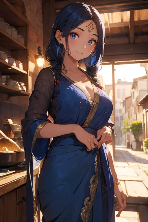 ((meilleure qualité)), ((chef-d'œuvre)), (détaillé), visage parfait, anime woman, deep luminous indigo eyes, wears a regal, flowing sari in rich hues of gold and deep crimson, patterns inspired by lotus blossoms and celestial symbols. Jeweled accessories accentuate her divine presence, and a delicate bindi on her forehead signifies spiritual wisdom. hair is sapphire blue at the roots to a vibrant crimson red towards the tips. hair cascades down in elegant waves, Intricate braids, she is smiling like a yandere, hot, sexy, really hot