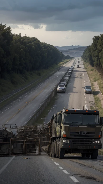 (Quality tags: masterpiece, high resolution, photo-realistic:1.3), a compelling image portraying the tragedy of a roadblock by the Israeli military in Palestine, (barren road obstructed by military vehicles:1.2), a visual narrative of the hindrance faced by truck drivers, (frustrated expressions of drivers in halted vehicles:1.2), a scene thick with tension and desperation, (turbulent skies overhead:1.1), a somber atmosphere reflecting the challenges imposed, (subtle details of blocked roads and distressed drivers:1.1), capturing the harsh reality of obstruction, (subdued atmosphere conveying helplessness:1.2), a powerful portrayal of the profound impact of roadblocks, (dynamic composition depicting the halted convoy:1.2), a vivid representation of the heart-wrenching struggles faced by those affected.
