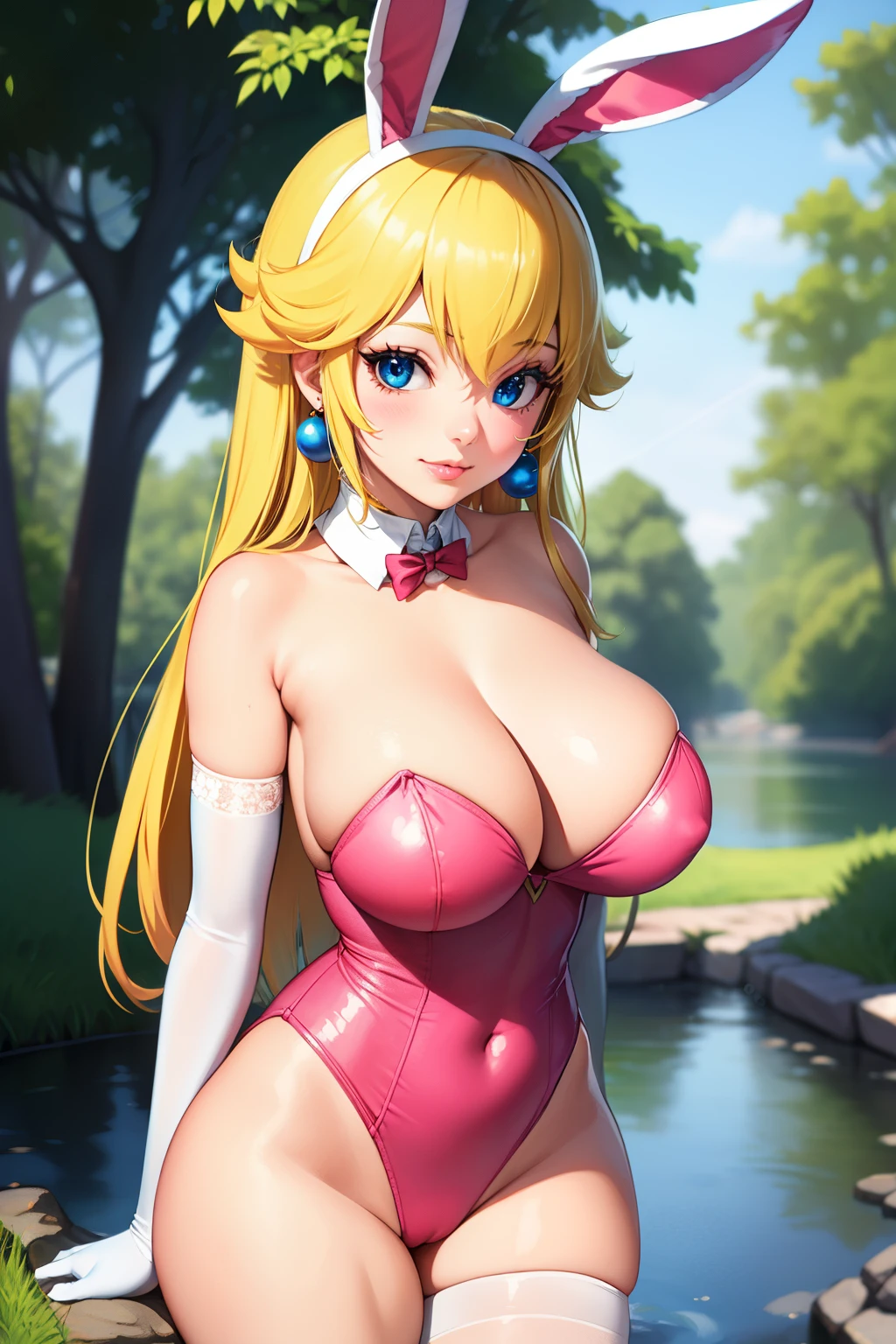 Princess Peach, blue eyes, long hair, 1girl, solo, perfect breasts, ,earrings glossy lips ,looking at viewer, blush, large breasts, nature, pond, trees, park, long white elbow satin gloves, holding, animal ears, cleavage, bare shoulders, jewelry, very l, gentle smile, pantyhose, earrings, fake rabbit ears, pink leotard, fake animal ears bunny, long white elbow gloves, white gloves