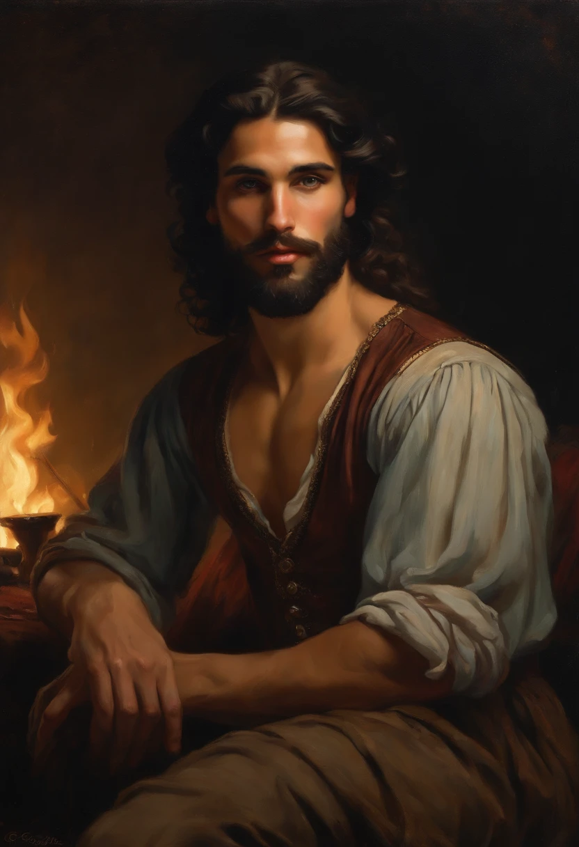 ((Baroque style painting of a young gypsy with a well-groomed beard)) ((man with a rounded and sexy mouth, well-groomed and inviting, strong and masculine face)), perfect as a God, ((the most beautiful man in the world )), earrings and bracelets, handsome and strong young man, sexy and masculine, lascivious and naughty face, dressed in a vest, shirt and pants in the style of the Victorian Era, blue eyes, long, silky, black hair falling over his shoulders, (( looking at camera)), (( playing gypsy tambourine near a fire in a gypsy camp)). Baroque painting