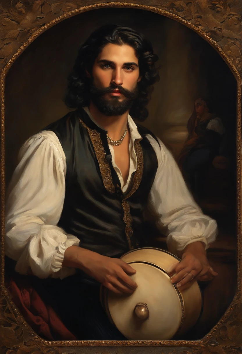 ((Baroque style painting of a young gypsy with a well-groomed beard)) ((man with a rounded and sexy mouth, well-groomed and inviting, strong and masculine face)), perfect as a God, ((the most beautiful man in the world )), earrings and bracelets, handsome and strong young man, sexy and masculine, lascivious and naughty face, dressed in a vest, shirt and pants in the style of the Victorian Era, blue eyes, long, silky, black hair falling over his shoulders, (( looking at camera)), (( playing gypsy tambourine near a fire in a gypsy camp)). Baroque painting
