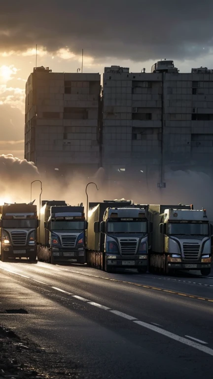 (Quality tags: masterpiece, best quality, official art:1.2), a cinematic scene portraying the standstill caused by Israeli military roadblocks in Palestine, (convoys of halted trucks with frustrated drivers:1.3), a dynamic representation of the blockade's impact on supply routes, (expressions of dismay and impatience:1.2), a backdrop of vehicles halted in a state of suspension, (overcast sky echoing the collective frustration:1.1), a scene laden with uncertainty, (intense emotions conveyed through the expressions:1.4), a moment frozen in the roadblock's impact, (dynamic composition capturing the convoy at a standstill:1.2), a visual story of the profound struggles faced by those obstructed, (subtle play of light and shadow:1.2), a vivid portrayal of the halted realities.