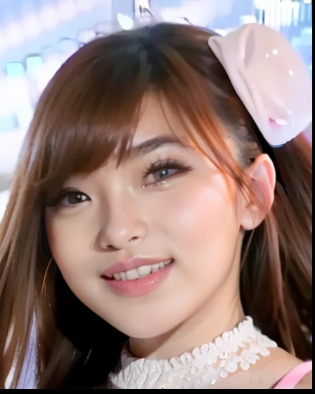 Young Woman, beautiful face, perfect face, Pink earrings in the shape of love ,pink lips, little smile expression, Long bangs hair, Mouth closed, Looking at the camera
