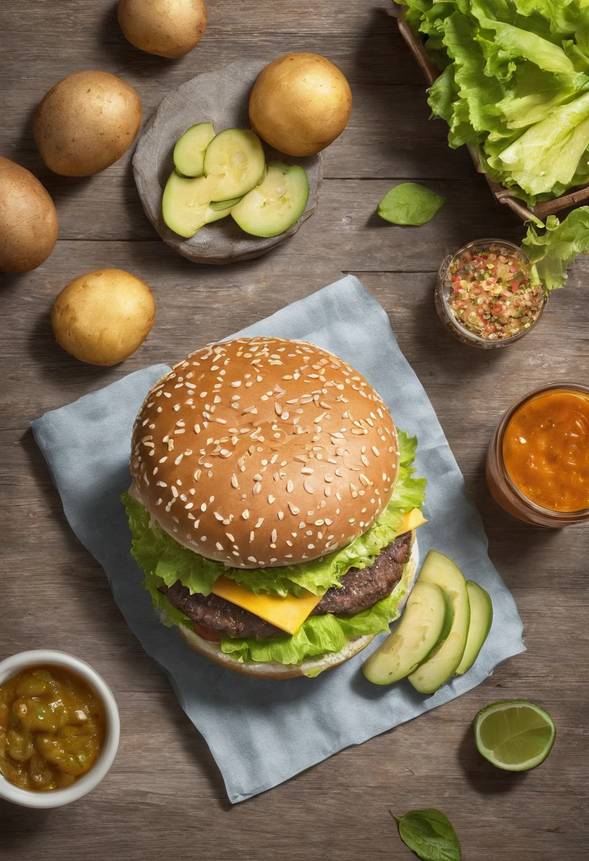 Imagen centrada de Hamburguesa big Mac grande, mesa de madera , hojas verdes, patatas, refresco, salsas 