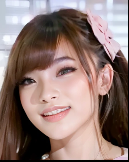 Young Woman, beautiful face, perfect face, Pink earrings in the shape of love ,pink lips, little smile expression, Long bangs hair, Mouth closed, Looking at viewer