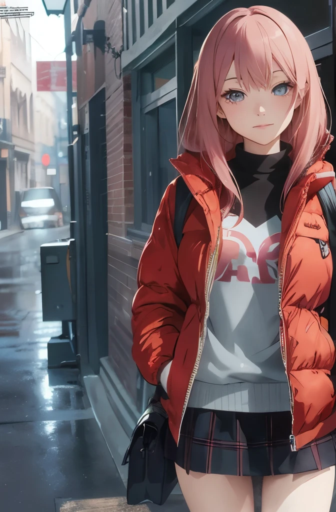((Best quality)), HD, 4K, ((masterpiece)), (detailed)), (masterpiece), a woman in a skirt and jacket holding a bag and a bag, guweiz, artwork in the style of guweiz, promo art, style anime, anime moe artstyle, high quality anime artstyle, anime visual of a cute girl, marin kitagawa fanart, modern anime style, made with anime painter studio, anime artstyle, an anime girl, with a intence red color in her hair, no ia style, hands inside her pockets