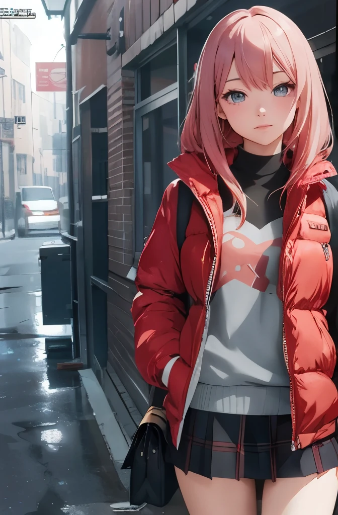 ((Best quality)), HD, 4K, ((masterpiece)), (detailed)), (masterpiece), a woman in a skirt and jacket holding a bag and a bag, guweiz, artwork in the style of guweiz, promo art, style anime, anime moe artstyle, high quality anime artstyle, anime visual of a cute girl, marin kitagawa fanart, modern anime style, made with anime painter studio, anime artstyle, an anime girl, with a intence red color in her hair, no ia style, hands inside her pockets