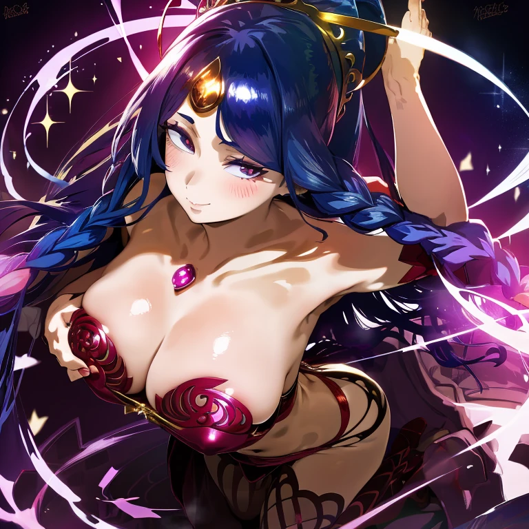 anime woman, deep luminous indigo eyes, wears a regal, flowing sari in rich hues of gold and deep crimson, patterns inspired by lotus blossoms and celestial symbols. Jeweled accessories accentuate her divine presence, and a delicate bindi on her forehead signifies spiritual wisdom. hair is sapphire blue at the roots to a vibrant crimson red towards the tips. hair cascades down in elegant waves, Intricate braids, she is smiling like a yandere, voluptuous body, alluring, perfect face, perfect body. Two breasts, two legs.
