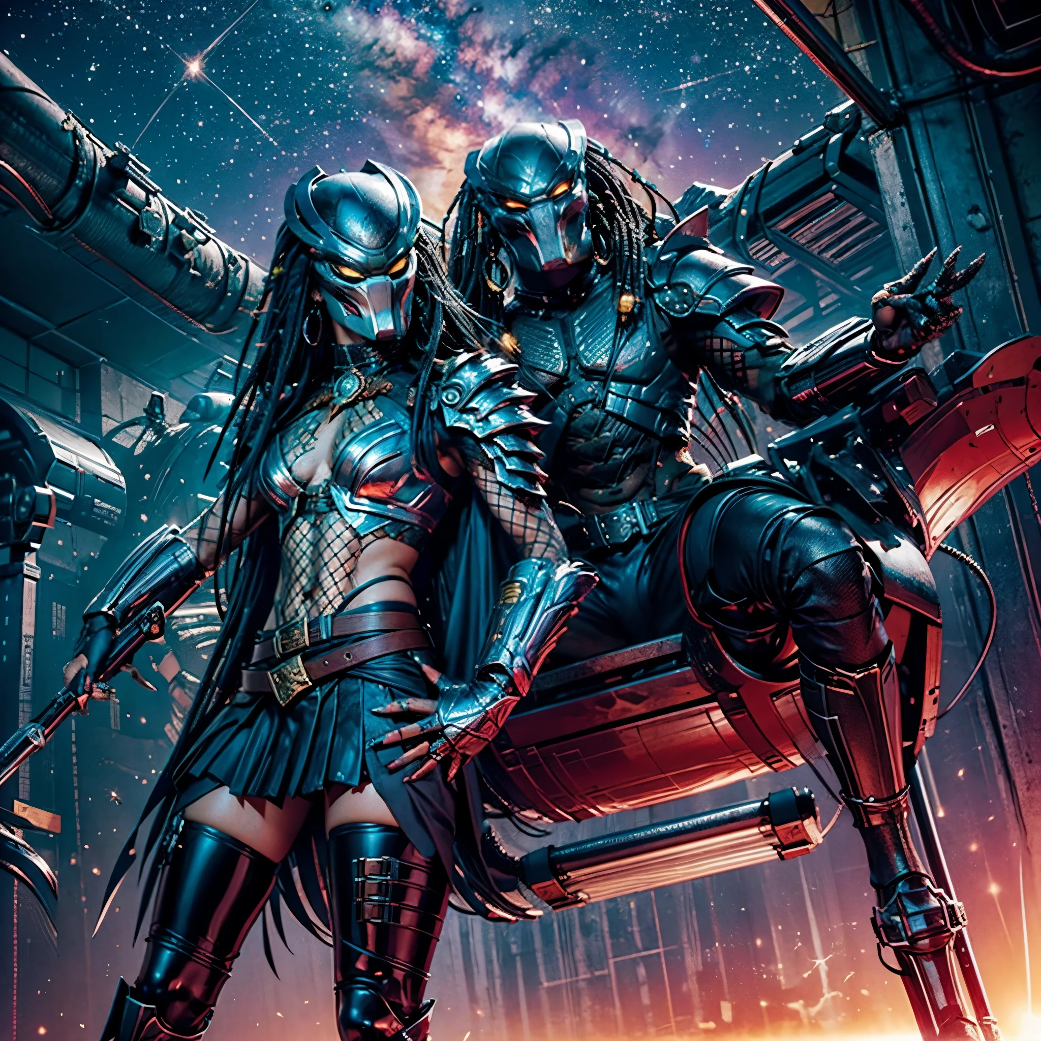 (Predator`s Planet) radiant Nebulae stars hyper borealis starry_sky shootingstar vivid sunset panoramic sunrise epic sunshine (Predator from the movie) wearing heavy sexy armor's outfit leather, Predator riding a horse palefroi jump in the sky around Burning_Bush deep path equirectangular "Predator" Predator`s_City Masterpiece ultra UnrealEngine5 dagger 🍦🍹❤ dazzling saturate incandescentes Vivid Will-o'-the-wisp Symmetrical (gorgeous Princess Athletic extatique Tamned Skin😘sensual Effects Cheekbones Embarrassed redderer ultra_beautiful_eyes dark black lazulis turquoises saphirs👩mouth open tongue teeth obvious smile howling🎀👗⚜👒Floating Jacket Cape Shoulders-Off Shirt Lace Clavicles White Papillotes embroidered satin red thick leather breasts felt skirt matching ample swinging spinel navel waist cadena belt reveal heart padlock bristles scarlet pubis-hairy indigo silk snap garters thighs legs👡💅)🎪🎢🎡🎠 Cinematic_sunLight meticulously intricate ultra_high-details ultra_high-def ultra_high-res ultra_Photo-realistic ultra_high-quality ultra_sharpness focus accurate max perfection reflex extreme improved Octane-rendered opengl-shaders glsl-shader UHD XT3 DSLR HDR romm rgb pbr analogique color-coded shading 3DCG fxaa global illumination cgi vfx sfx fkaa txaa rtx ssao post-processing post-production cell-shading augmented tone-mapping sundrop contre-jours optimal onyx luminescence volumetric lighting contrast lightning floraison summon creature fleuraison incandescentes inox opal invocation monster beholder strange transparent graduated chrome Cristalline reflection population silver agate heart hearth Earth varied multi etc. --s 1000 --c 20 --q 20 --chaos 100