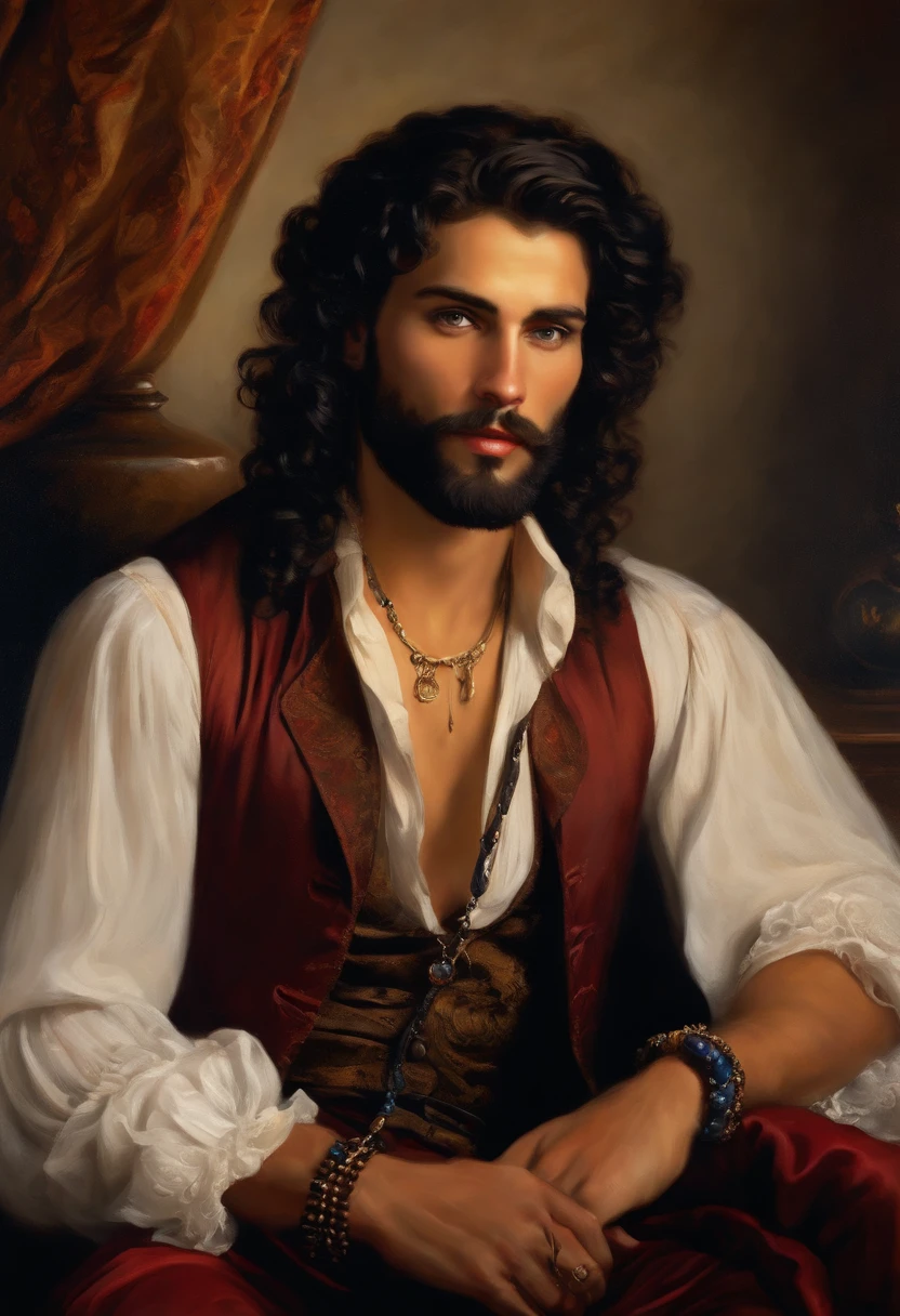 ​((Baroque style painting of a young gypsy with a clean beard)) earrings and bracelets, handsome and strong young man, sexy and masculine, lascivious and naughty face, dressed in vest, shirt and pants in the style from the Victorian Era, blue eyes, long, silky, black hair falling over the shoulders, ((looking at camera)), ((playing the gypsy tambourine near a fire in a gypsy camp)). Baroque painting