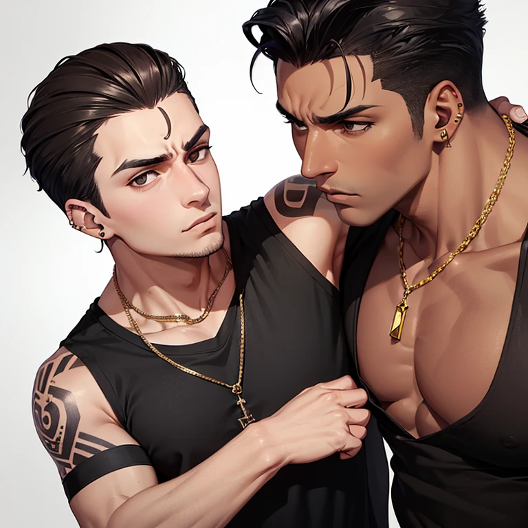 (1hombres)、 (25 años) 、(cuerpo atlético)、(brown skin)、(short dark brown hair slicked back)、(piercing black eyes)、black sleeveless t-shirt、forearm tattoos、(serious look) 、wears a gold necklace