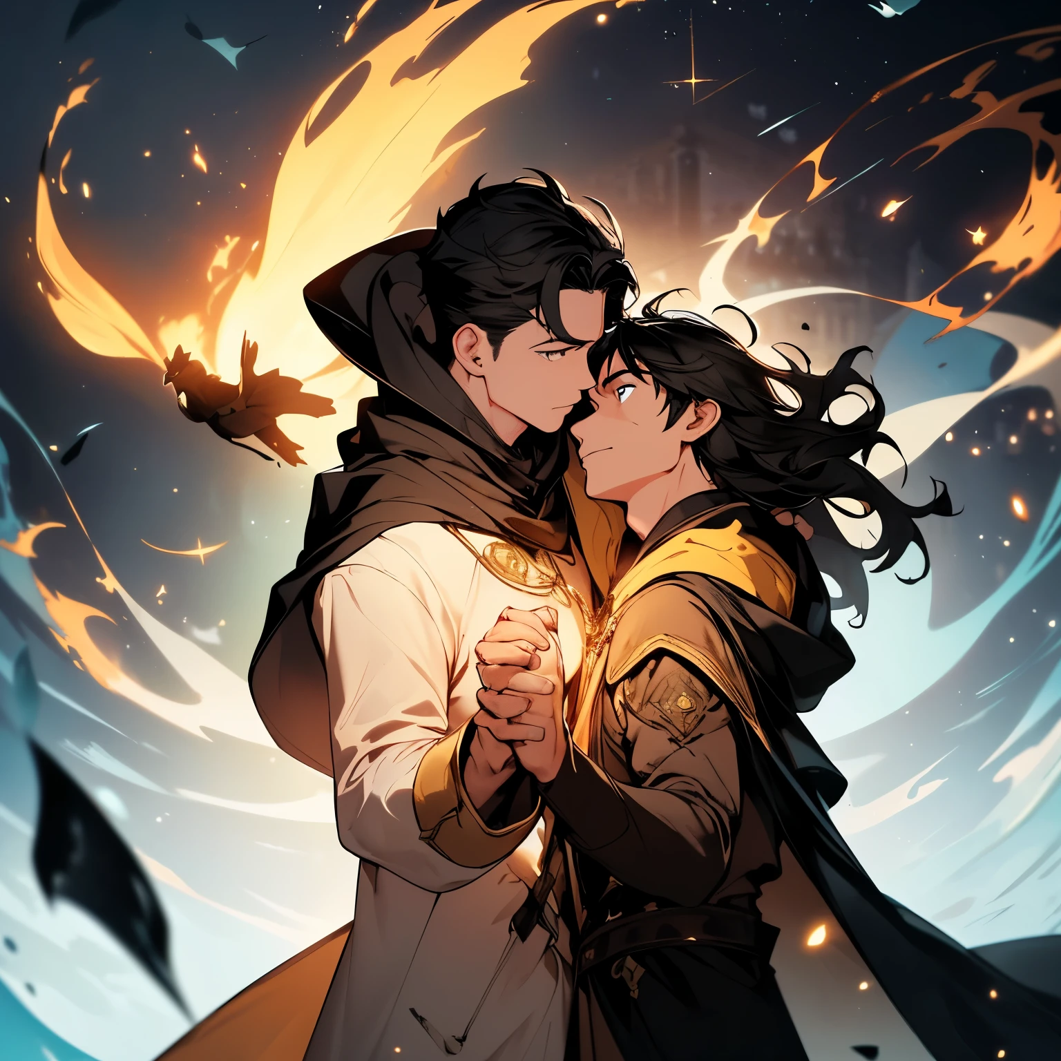 (absurdres, highres, ultra detailed), masterpiece, best quality, two men happily floating in the air, holding hands lovingly. one man is strong with muscles and tall, handsome, black hair, black cloak, shining yellow eyes. The other man has brown hair, green coat, soft facial features. background is an ancient bakery, zero gravity. Fireflies.