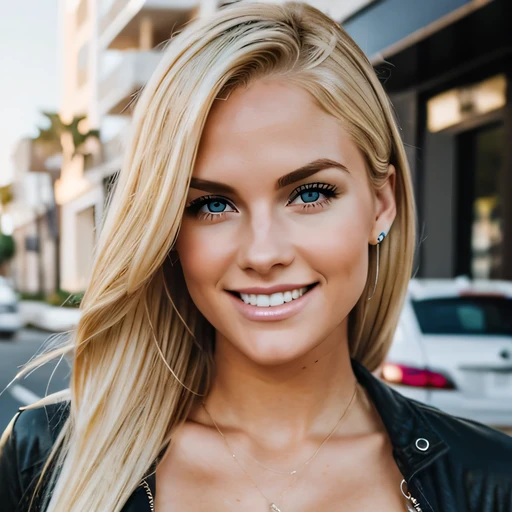 hyper-realistic detailed photo of a beautiful blonde female named Madison Taylor, thin face, blonde hair, perfect body, wearing trendy urban clothes in california laugjing hysterically