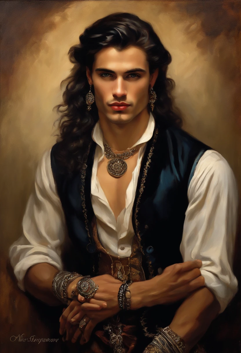 ((Baroque style painting of a young gypsy )) earrings and bracelets, handsome and strong young man, sexy and masculine, lascivious and naughty face, dressed in vest, shirt and pants in the style from the Victorian Era, blue eyes, long, silky, black hair falling over the shoulders, ((looking at camera)), ((playing the gypsy tambourine near a fire in a gypsy camp)). Baroque painting