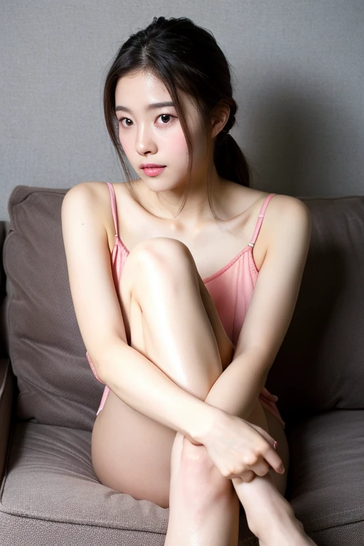 ((best quality)), ((masterpiece)), (detailed), perfect face、(Raw photography:1.2)、top-quality、a beautiful detailed girl、Sitting with Knees Up on sofa at living, spread legs