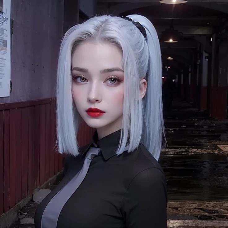 A very beautiful and gorgeous woman with white skin and very soft blue sky hair and she puts a very red lipstick as blood and she wearing a black suit