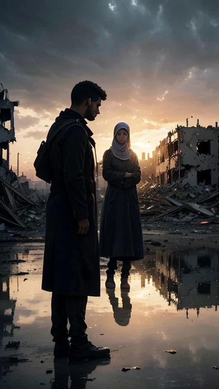 (Quality tags: masterpiece, best quality, official art:1.2), a cinematic scene portraying the tragedy in Gaza after Israeli attacks, (scenes of grief-stricken families and razed homes:1.3), a dynamic representation of the widespread assault on all facilities, (anguished expressions of women and children:1.2), a backdrop of a city scarred by the loss of 2000 lives, (overcast sky reflecting the collective sorrow:1.1), a scene filled with the weight of overwhelming tragedy, (intense emotions conveyed through the expressions:1.4), a moment frozen in the aftermath of devastating attacks, (dynamic composition capturing the scenes of sorrow and destruction:1.2), a visual story of the profound impact on the innocent, (subtle play of light and shadow:1.2), a vivid portrayal of the heart-wrenching realities.