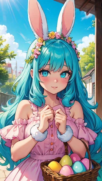 easter bunny girl,illustration,fluffy bunny ears,cute rabbit nose,soft bunny paws,beautiful detailed eyes,long eyelashes,pink bunny outfit,holding a basket of colorful eggs,standing in a blooming spring garden,bright sunny day,cheerful and lively atmosphere,bright pastel colors,pink and turquoise color tones,sunlit scenery,soft warm lighting