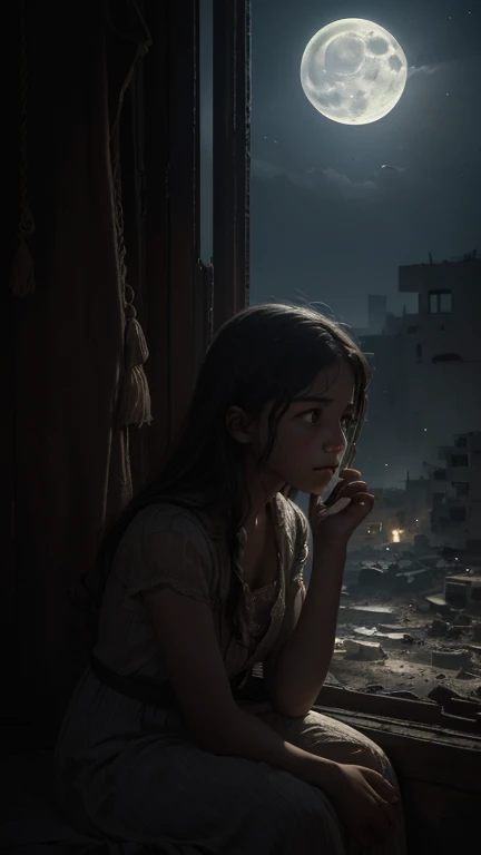 (Quality tags: masterpiece, ultra high res, illustration:1.3), an intricate illustration unveiling the unseen agony caused by Israeli attacks in Gaza, (moonlight revealing the devastated scenes:1.2), detailed portrayal of shattered lives and structures, (overcast sky reflecting the collective despair:1.1), an oppressive atmosphere lingering in the wake of widespread attacks, (intricate details conveying realism of the scene:1.4), a palette of contrasting emotions, (subtle play of light and shadow capturing the depth:1.2), an illustrative narrative of the unseen hardships endured by innocent lives, (dynamic composition portraying the tragic scenes:1.2), a visual story revealing the profound impact of the attacks on women and children in the region.