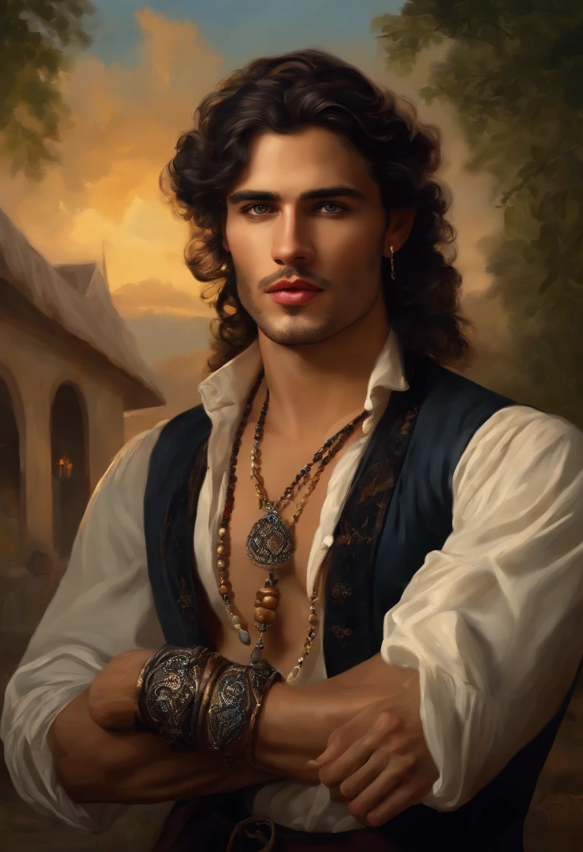((Baroque style painting of a young gypsy )) earrings and bracelets, handsome and strong young man, sexy and masculine, lascivious and naughty face, dressed in vest, shirt and pants in the style from the Victorian Era, blue eyes, long, silky, black hair falling over the shoulders, ((looking at camera)), ((playing the gypsy tambourine near a fire in a gypsy camp)). Baroque painting