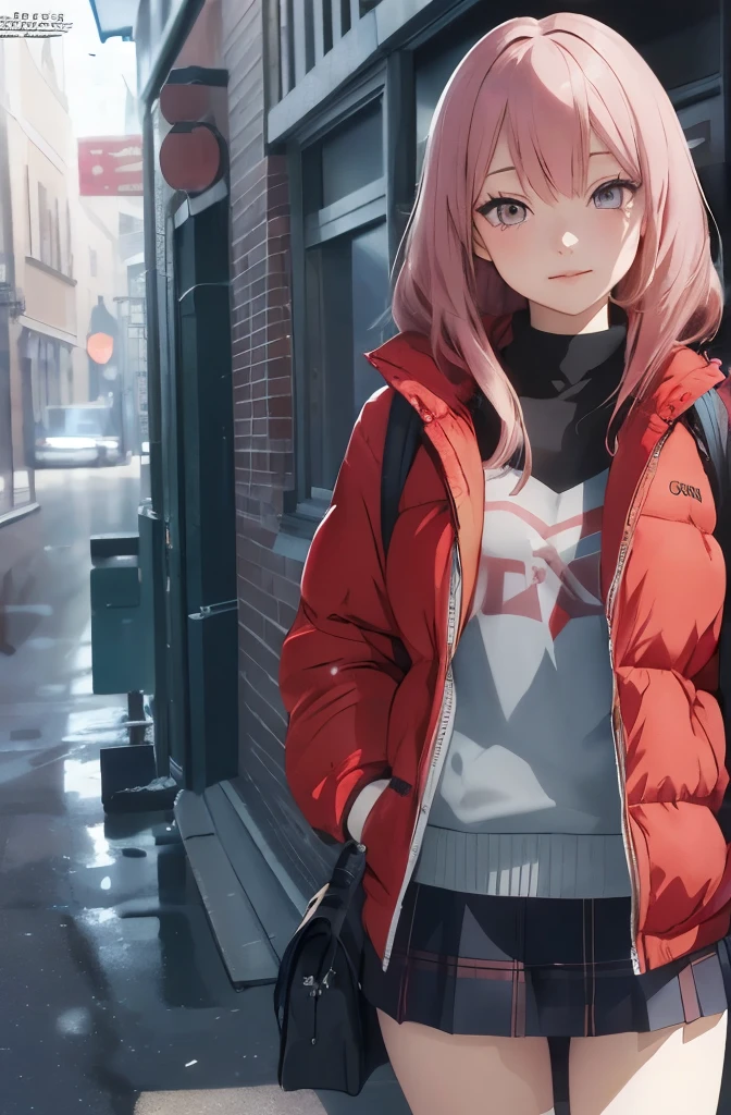 ((Best quality)), HD, 4K, ((masterpiece)), (detailed)), (masterpiece), a woman in a skirt and jacket holding a bag and a bag, guweiz, artwork in the style of guweiz, promo art, style anime, anime moe artstyle, high quality anime artstyle, anime visual of a cute girl, marin kitagawa fanart, modern anime style, made with anime painter studio, anime artstyle, an anime girl, with a intence red color in her hair, no ia style, hands inside her pockets, dame eyes