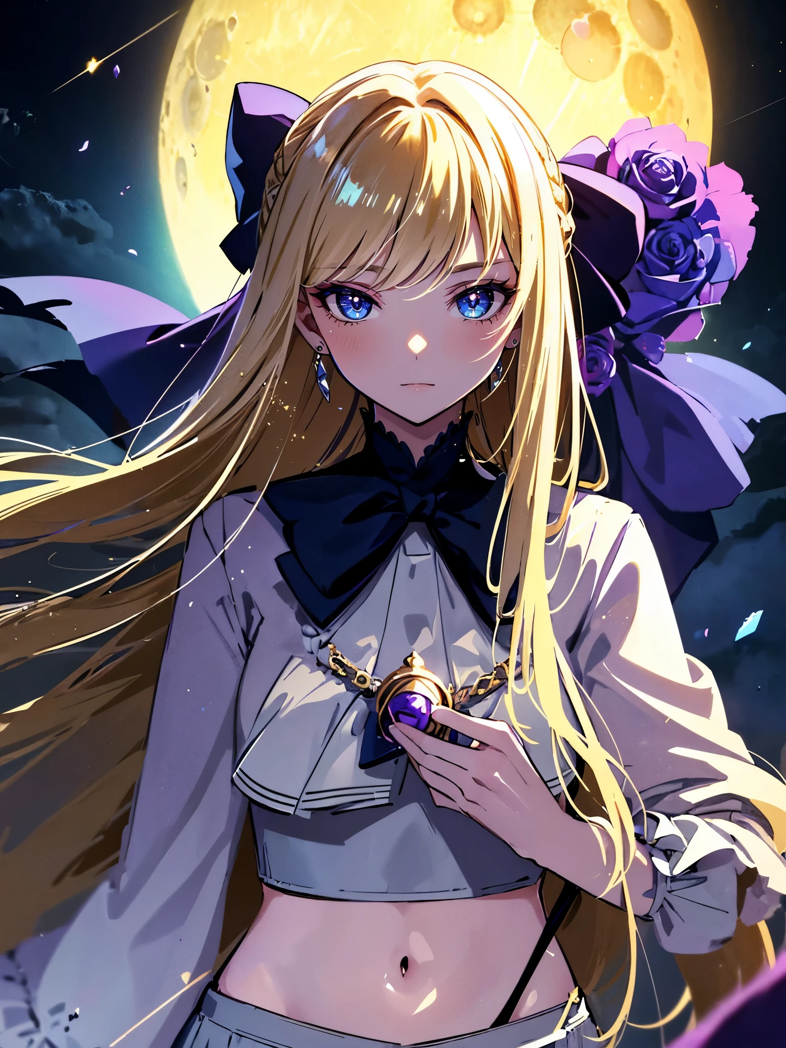 (masterpiece,best quality,super detailed),1girl,smile,bright eyes,blond hair,needle,straight hair,(messy hairstyle),bow bow,crop top,jacket,( colored skin, blue-grey skin), beautiful and detailed face, detailed eyes,bandeau, church background, purple rose, tight, moon ,