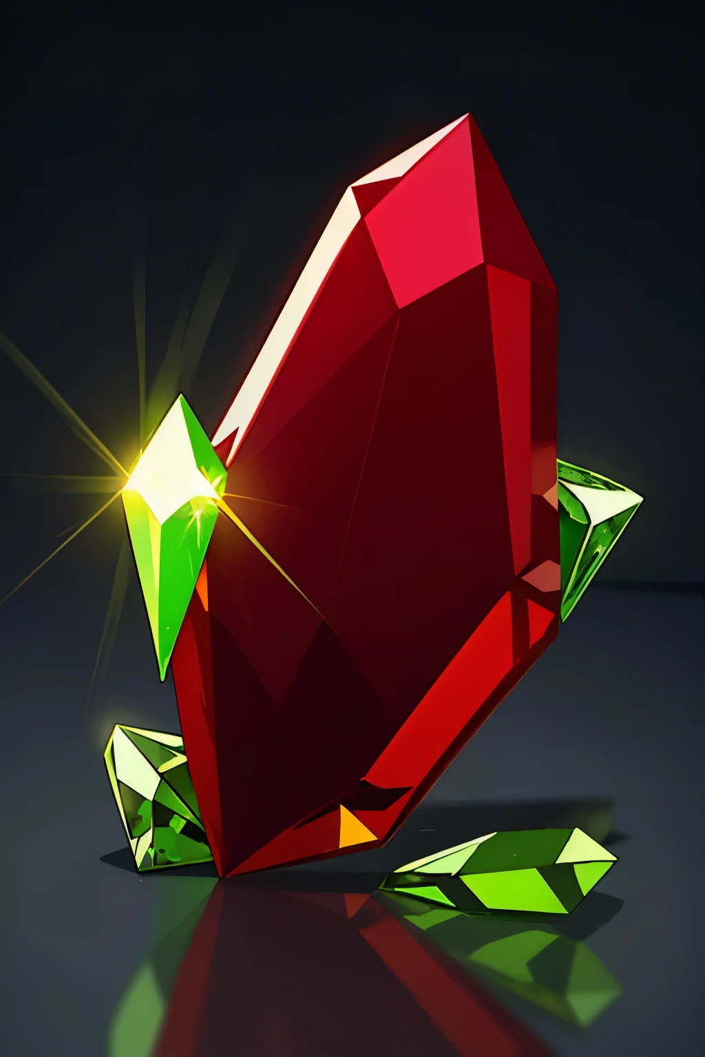 green and red jewel, brilliant gem, classic diamond shape, simple background, crystal on an alter, outside glowing gem, transparent