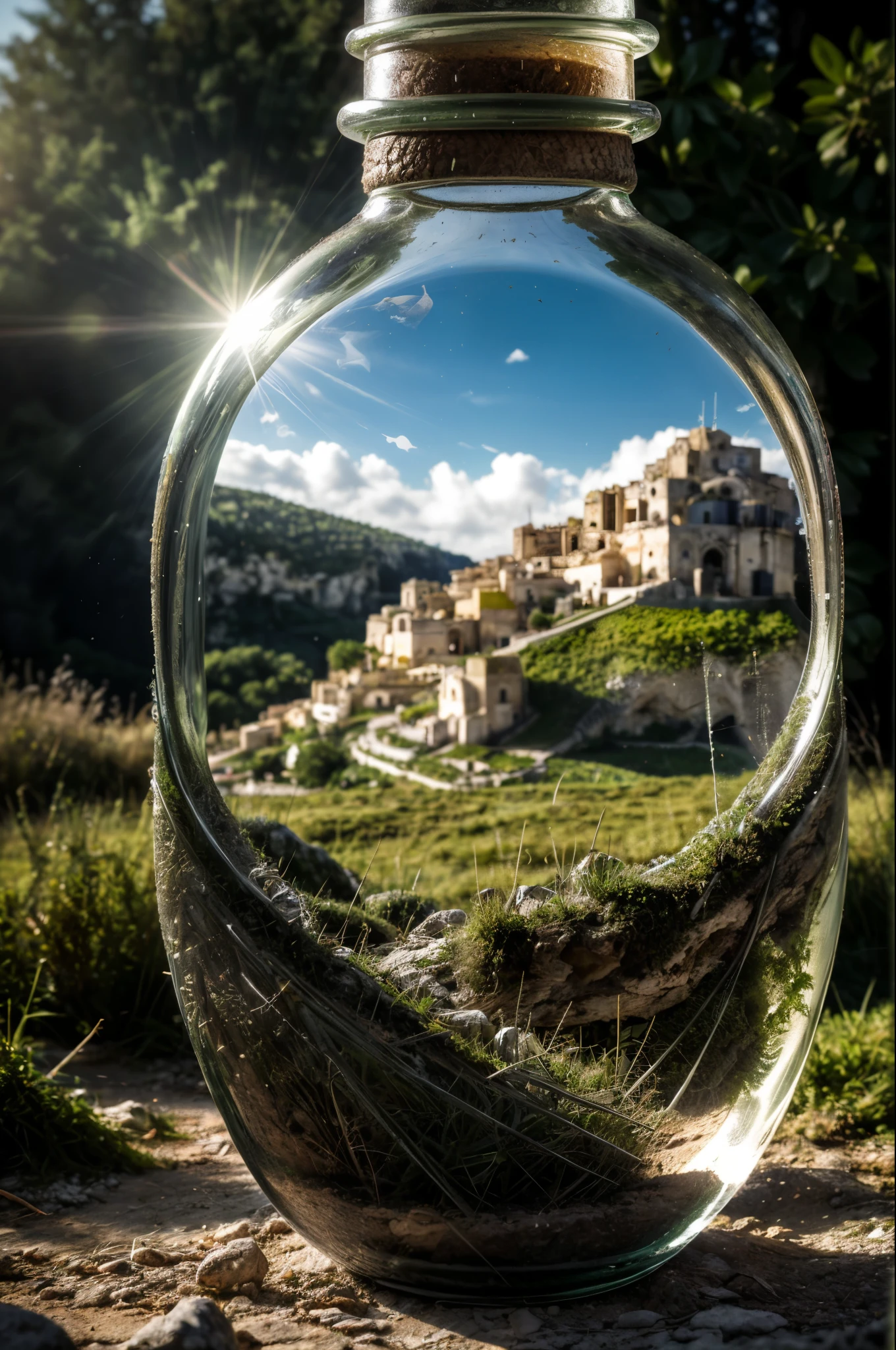 (An intricate sassi_di_matera landscape trapped in a bottle), (chemtrails inside the bottle), atmospheric oliva lighting, on the table, 4k UHD, dark vibes, hyper detailed, vibrant colours forest background, epic composition, octane render, sharp focus, high resolution isometric, bubblerealm