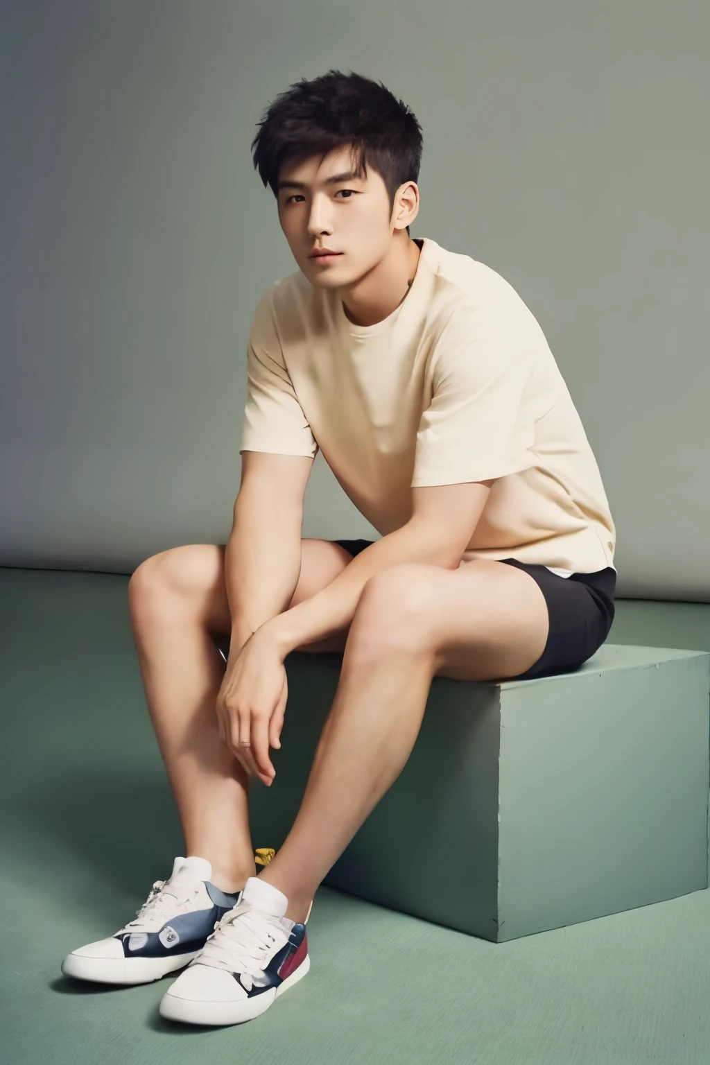 whole body, hairy legs, toned legs, two block, long legs, Japan male, 27 years old, wearing beige shorts, wearing a black T-shirt, very short hair, black hair
