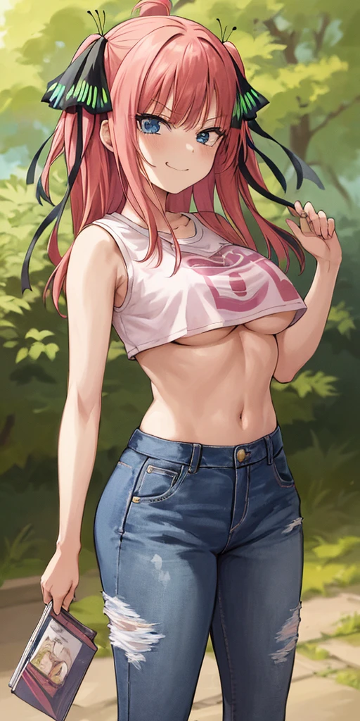 2d, masterpiece, best quality, anime, highly detailed, 1girl, solo, cowboy shot, nakano nino, pink hair, butterfly hair ornament, crop top , ((underboob)), Denim shorts , medium breasts, standing, school, outdoors, smug face